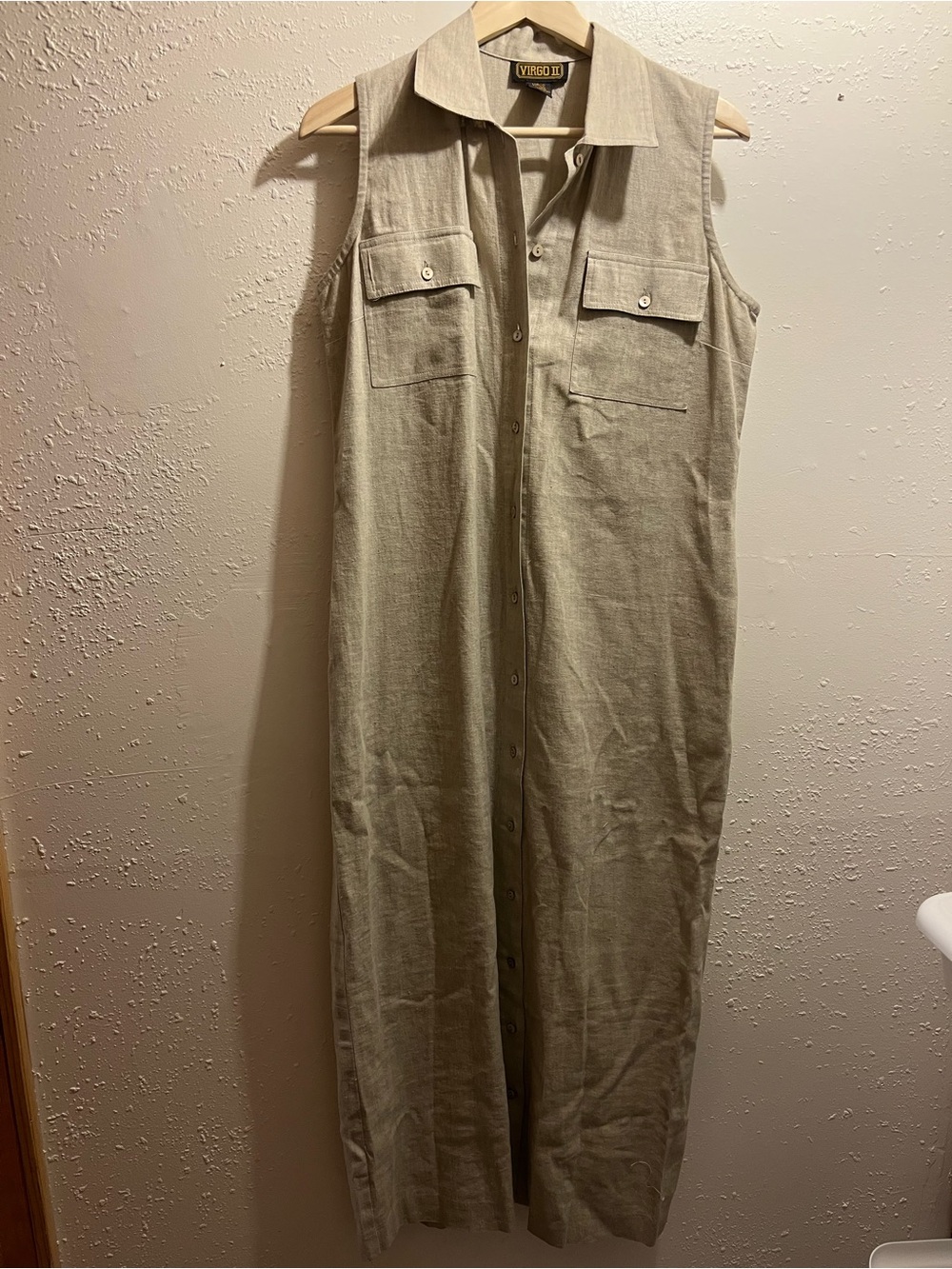 Virgo Tan Linen Blend Button Down Midi Length Dress Women’s Size 6 Cottagecore